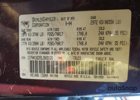 2005 Dodge Ram 1500 Slt/Laramie z USA, uszkodzony, nr VIN 1D7HA16D55J503126